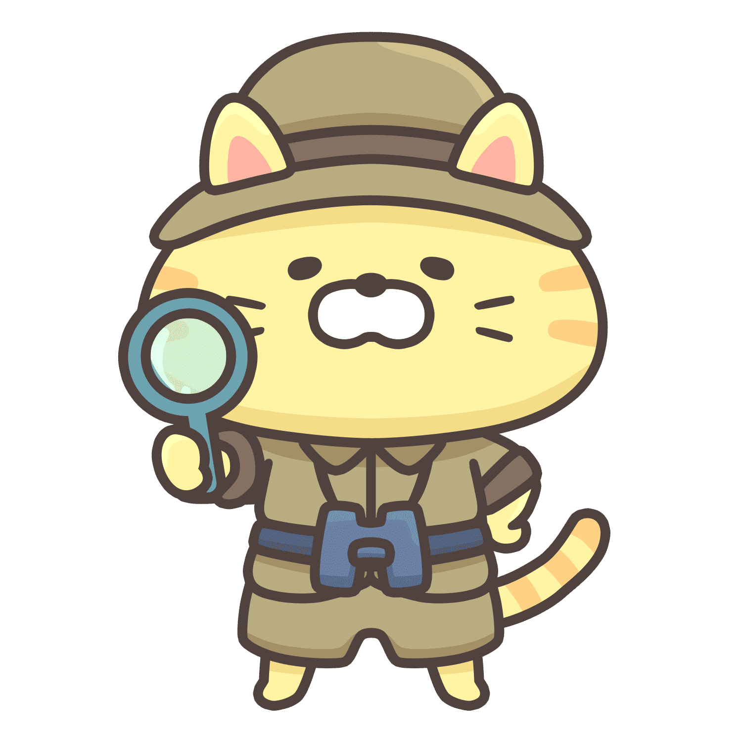 猫のキャラクターのイラスト。猫の色はクリーム色で、冒険家の恰好をしている。帽子をかぶり、右手に虫眼鏡を持ち、首には双眼鏡をぶら下げている。