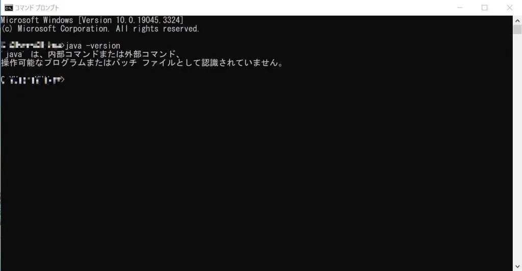 コマンドプロンプトの画面 真っ黒な画面に白文字で以下の文章が書かれている 「’java’は、内部コマンドまたは外部コマンド、操作可能なプログラムまたはパッチファイルとして認識されていません。」
